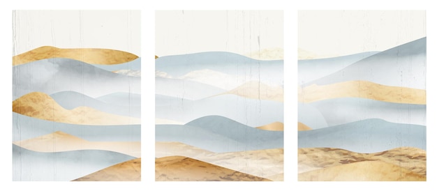山とアートの背景。デザイン、印刷、ポスターのための霧の中で黄金と青の山々とミッドセンチュリースタイルの水彩画の画像
