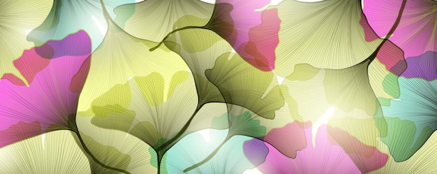 パッケージデザイン、ウェブバナー、ソーシャルネットワーク用のさまざまな色の透明なイチョウの葉のアート背景