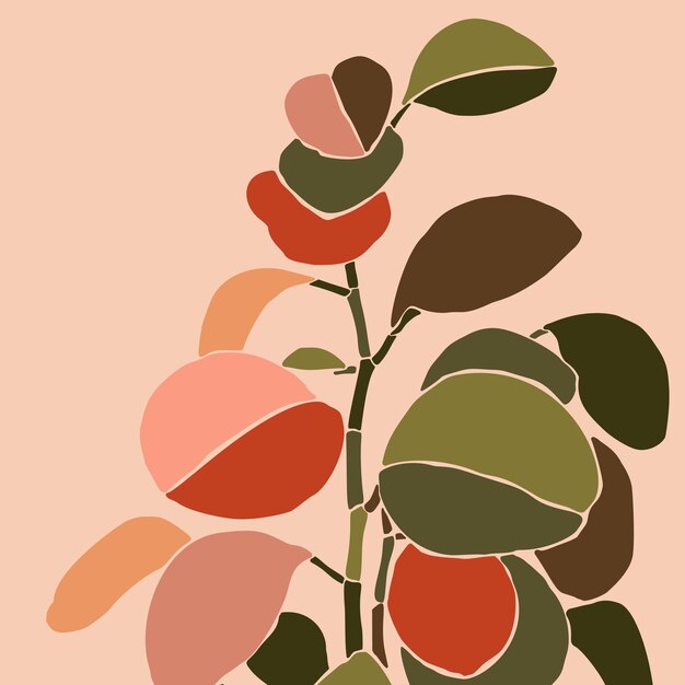 最小限のトレンディなスタイルのアートコラージュ観葉植物ペペロミア。ピンクの背景に現代的なシンプルな抽象的なスタイルの植物のシルエット。ベクトルイラスト