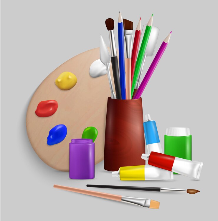 वेक्टर art combo kit. realistic artist palette, painting brushes, paint tubes and jars, knives, pencils, vector illustration. art tools and supplies.