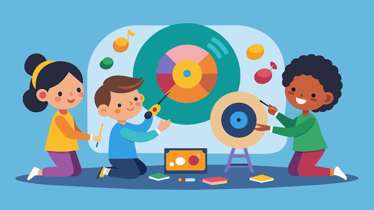 Vector in the art corner children use colorful markers and paint to decorate blank vinyl records combining