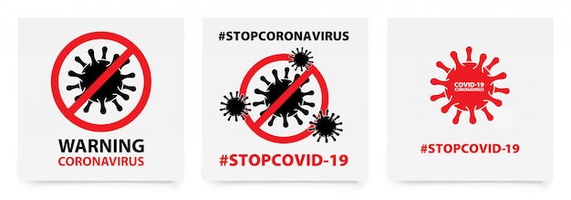 Art. Coronavirus sticker. Text WARNING COVID-19. #STOPCORONAVIRUS.