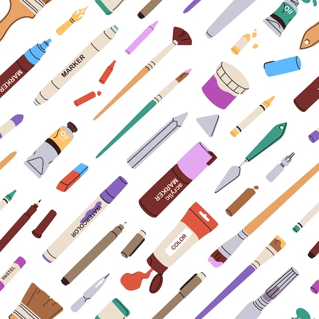 Art and craft supplies seamless pattern Creative tools brushes paint tubes pencils and creative stationery Drawing painting stuff endless background repeating print Flat vector illustration