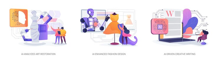 Art and creativity with ai tools abstract concept vector illustration set aianalyzed art restoration