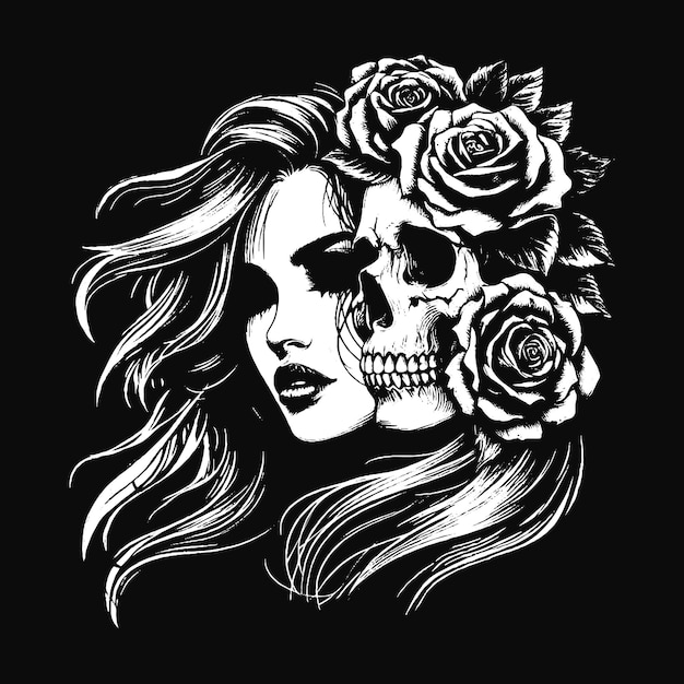 Art Dark Skull Girl met lang haar Rose Woman Grunge Vintage Tattoo illustratie zwart wit