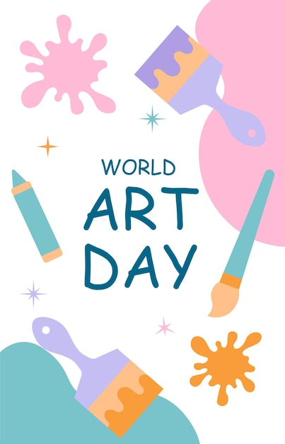 Art day banner concept International holiday and festival 15 April Packages with paints Brushes with paints and colorful spots Template layout and mock up Cartoon flat vector illustration