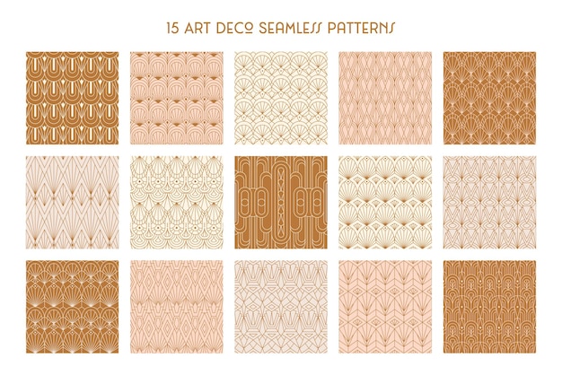 Art Deco 1920s Seamless Patterns Set In Trendy Minimal Style. 기하학적 형태와 벡터 추상 복고풍 배경