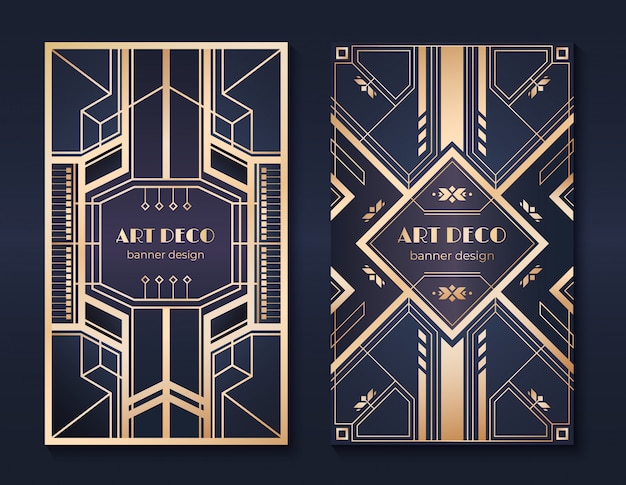 Art deco banners. uitnodiging voor feestje uit de jaren 20, fancy gouden sierontwerp, vintage kaders en patronen. art deco folders ingesteld