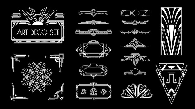 Vector art deco bright white vintage style decorative elements frames sunrise motifs set black background isolated vector illustration