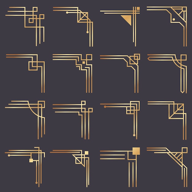 Vector art deco corner. modern graphic corners for vintage gold pattern border. golden 1920s fashion decorative lines frame set