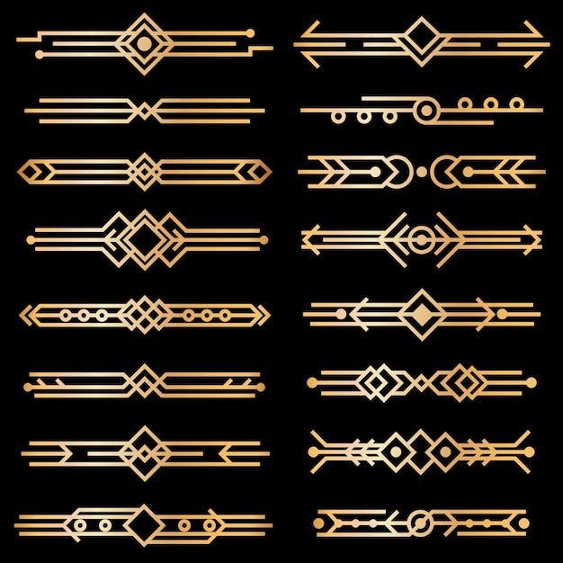 Art deco dividers. gold deco design lines, golden book header borders. 1920s victorian vintage elements on black. vector isolated set