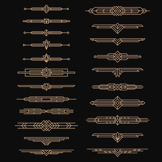 Vector art deco dividers. vintage artful arts, 30s headers style. ornaments, borders and frames design, golden ornate decor labels with lines tidy vector set on black