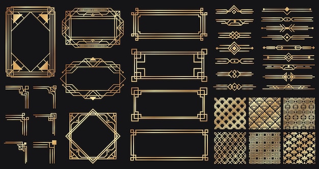 ベクトル アールデコの要素セット。クリエイティブな金色のボーダーとフレーム。ラグジュアリーまたはプレミアムデザインの仕切りとヘッダー。暗闇に分離された古いアンティークのエレガントな要素。カードのベクトル図の装飾
