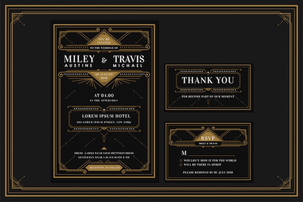 Art deco engagement / wedding invitation card template with gold color with frame. classic black premium vintage style. include thank you tags and rsvp