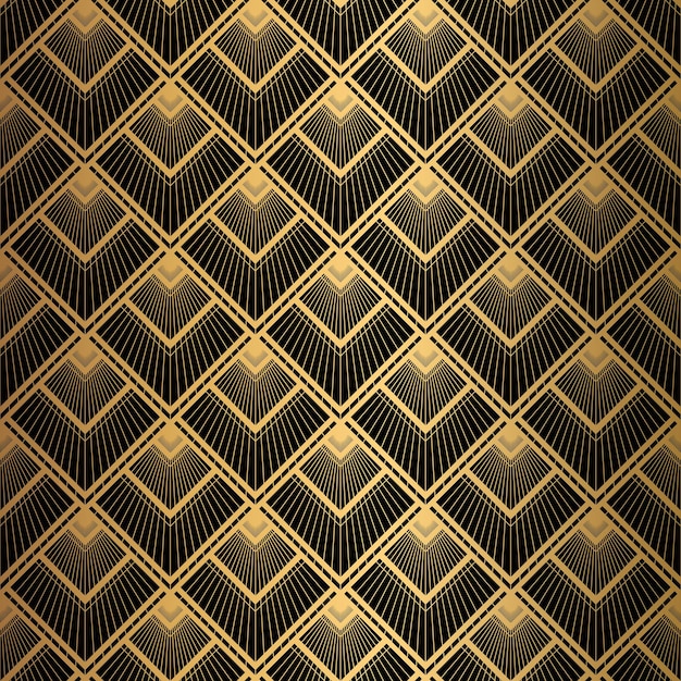 Art Deco patroon Naadloze zwarte en gouden achtergrond Metalen schelpen of schubben kant ornament Minimalistisch geometrisch ontwerp Vectorlijnen motieven van de jaren 192030 Luxe vintage illustratie