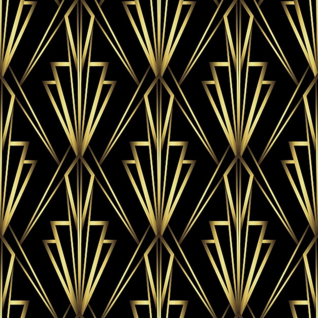 Vector art deco pattern background in 1920s style gold black texture fan or palm leaf shape