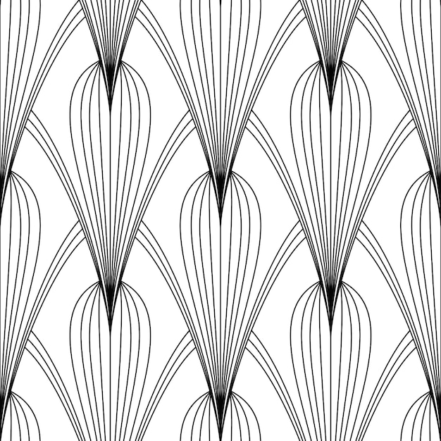 Art Deco Pattern Fanning seamless black and white background Metallic shells or scales lace ornament Abstract palm leaves Vector lines 192030s motifs Luxury vintage illustration