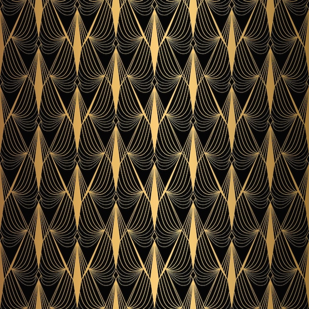 Art Deco Pattern Бесшовный черный и золотой фон Металлические раковины или чешуи кружевное украшение Минималистический геометрический дизайн Векторные линии мотивы 1920-х и 1930-х годов Роскошная винтажная иллюстрация