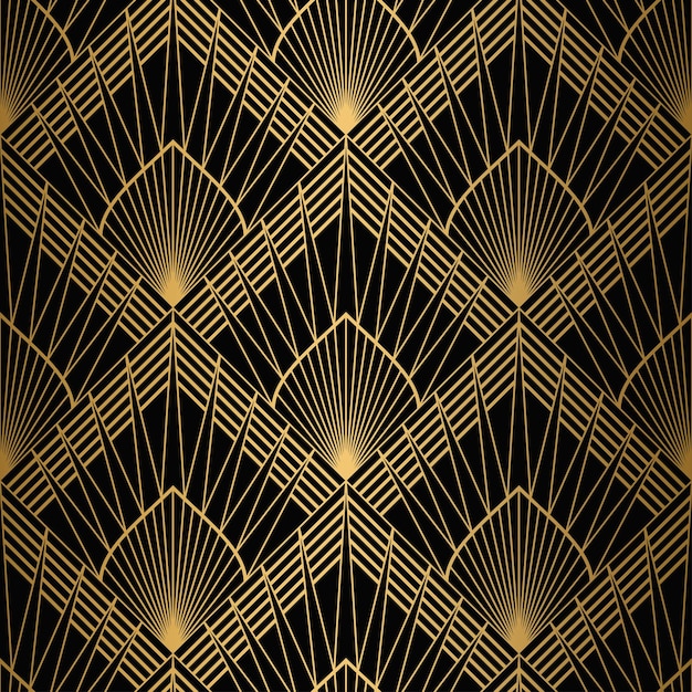 Vector art deco pattern seamless black and gold background metallic shells or scales lace ornament minimalistic geometric design vector lines 192030s motifs luxury vintage illustration