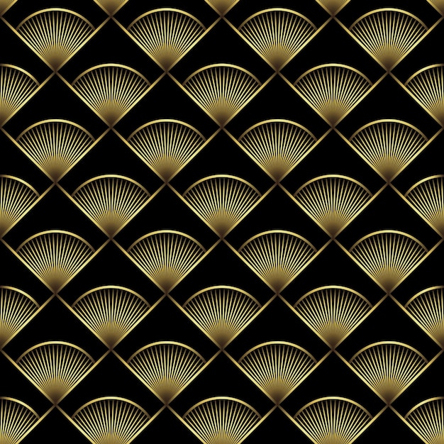 Art Deco Pattern Vector background in 1920s style Gold black texture Fan or palm leaf shape 3D background