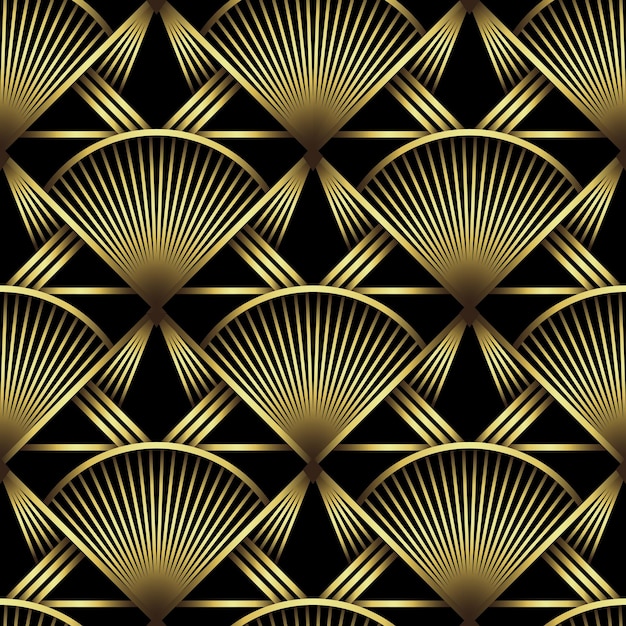 1920년대 스타일의 아르데코 패턴 벡터 배경 골드 블랙 질감 팬 또는 야자잎 모양 3D 배경