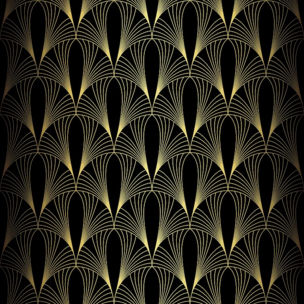 Modello art deco sfondo vettoriale in stile anni '20 texture oro nero forma a ventaglio o foglia di palma sfondo 3d