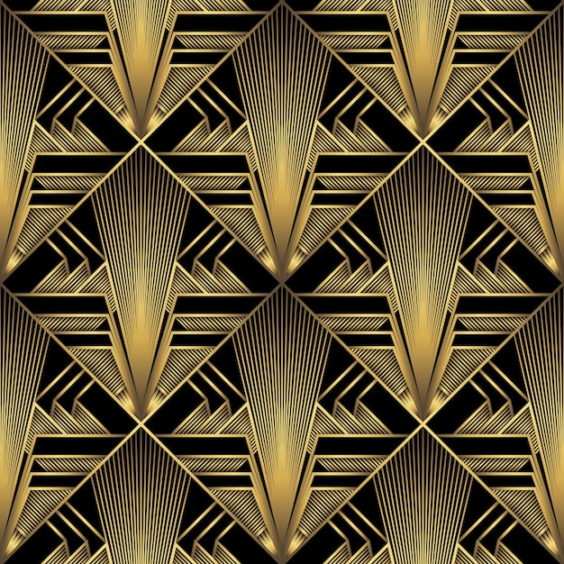 Art Deco Pattern Vector background in 1920s style Gold black texture Fan or palm leaf shape 3D background