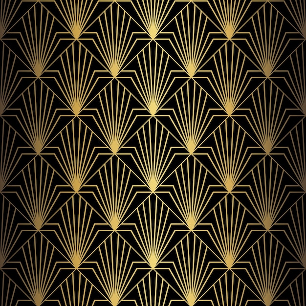 Vettore modello art deco sfondo vettoriale in stile anni '20 texture oro nero forma a ventaglio o foglia di palma sfondo 3d