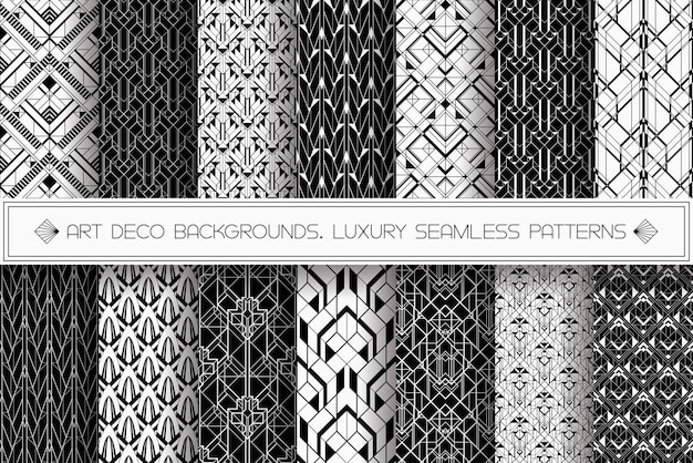 Art Deco patterns set Vector black white backgrounds Luxury seamless ornaments Roaring twenties motif