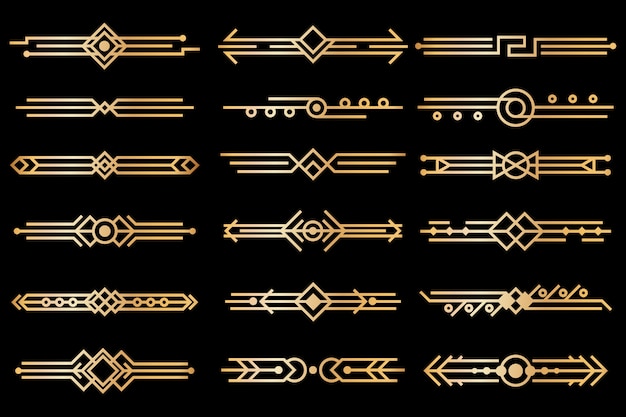 Art deco randen. Gold deco design verdelers. Vintage luxe elementen uit de jaren 20 en 30. Vector geïsoleerde set