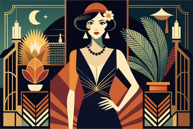 Art Deco stijl illustratie van een vrouw in een zwarte en oranje jurk met een witte bloem