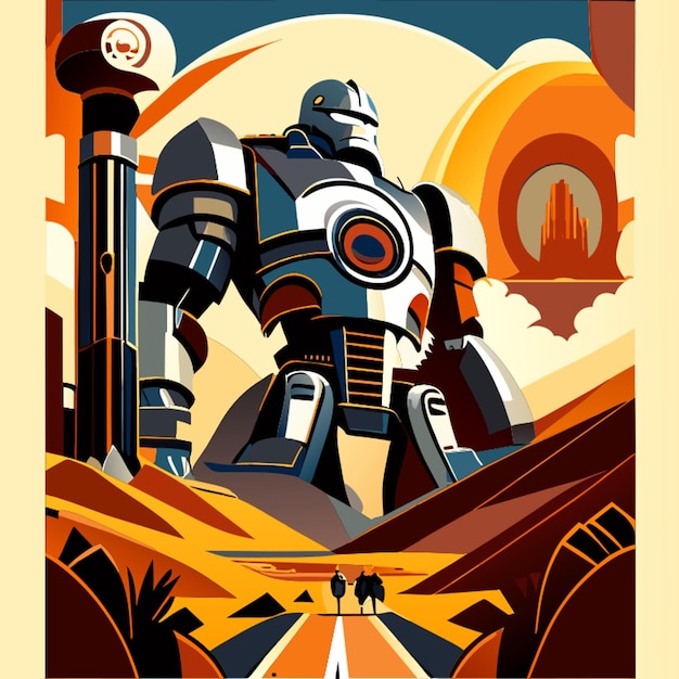 Vettore poster di viaggio art deco per il gigante di ferro su illustrazione vettoriale di tatooine