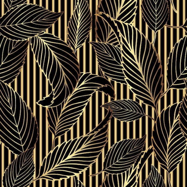 Art deco vintage seamless pattern with mix of golden stripes and linear leaves on black background
