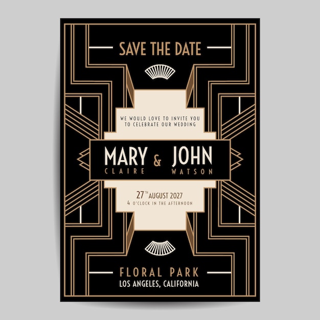 Vector art deco vintage wedding invitation