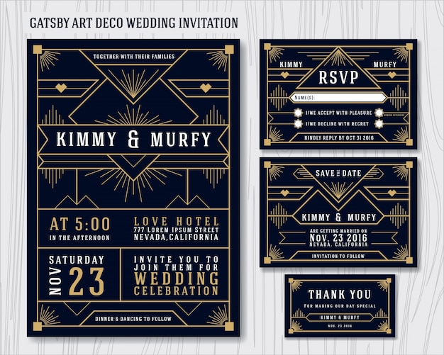 Art deco wedding invitation template set