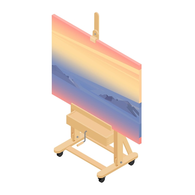 Art drawing class concept paint desk easel with sunset and mountains painting vector isometric view