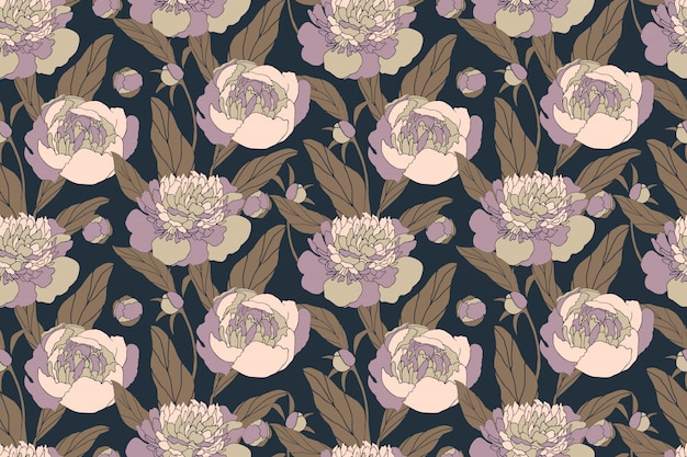 Modello senza cuciture floreale di arte con peonie. fiori pastelli isolati su sfondo blu scuro. modello senza fine per tessuti, tessuti per la casa e la cucina, carta.