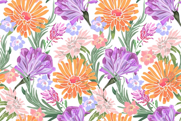 Art floral vector seamless pattern. morning glory, ipomoea, lavender, asters, rosemary, chrysanthemums, golden daisy.