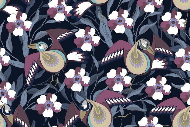 Art floral vector seamless pattern with birds flowers branches with leaves