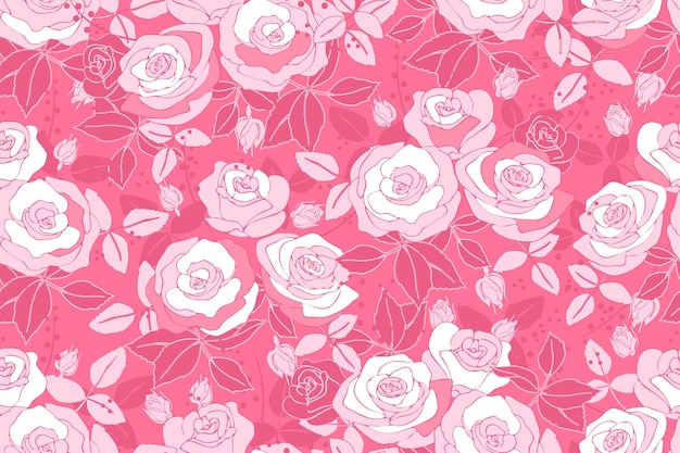 Vector art floral vector seamless pattern with rose pink and white roses in bouquets with buds and leaves