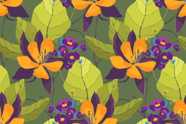 Art floral vector seamless pattern Yellow aquilegia columbine flowers purple and blue hydrangea