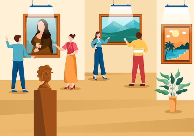 Art Gallery Museum Cartoon Illustration for Some People to See it in Flat Style Design
