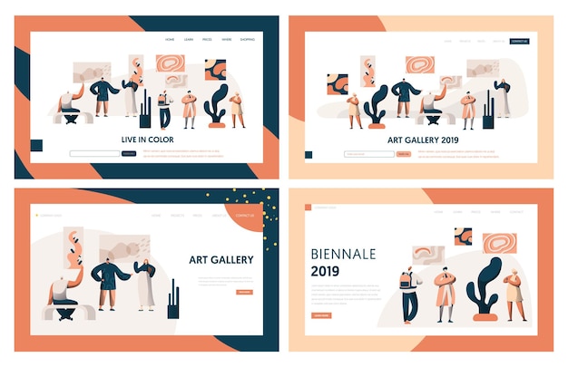 ベクトル アートギャラリーピープルビジターランディングページセット。