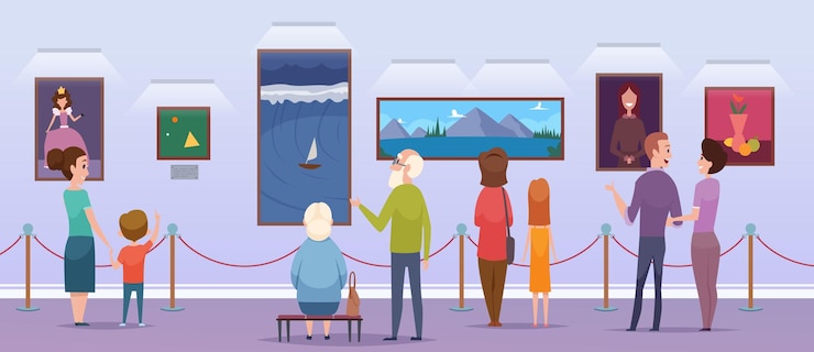 Vector art gallery. people watching a pictures in museum place painting exhibition portraits students artwork  cartoon characters. gallery and museum, exhibition exposition illustration