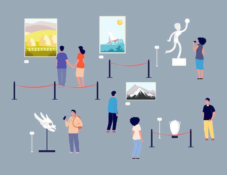 Vector art gallery visitors. people in museum, exhibition of paintings and antique exhibits