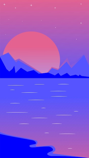 Vector art illustration art picture sunset mountains and sea.