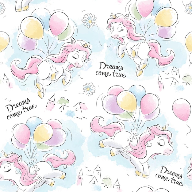 Vector art. illustration. cute unicorns flying on balloons. fashion illustration drawing. pattern.