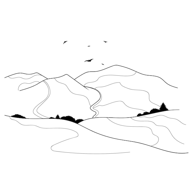 Art illustration linear landscape on white background landscape in minimalist sketch style The figure shows forest trees mountains and house