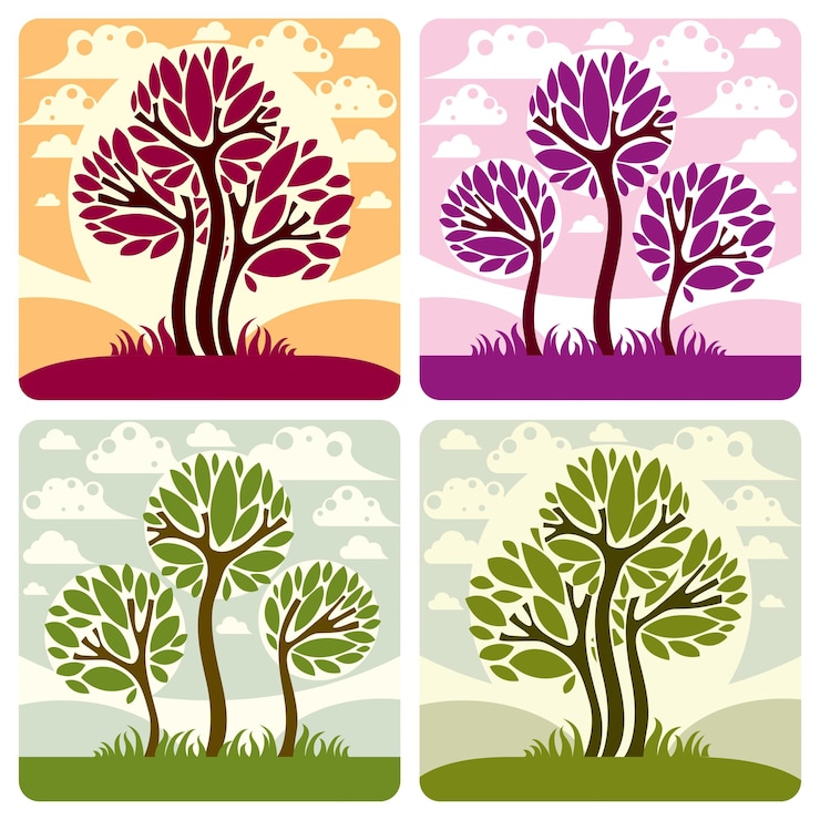 वेक्टर art illustration of tree growing on beautiful meadow, stylized eco landscape with clouds. vector botany element on season idea, spring time idyllic picture.