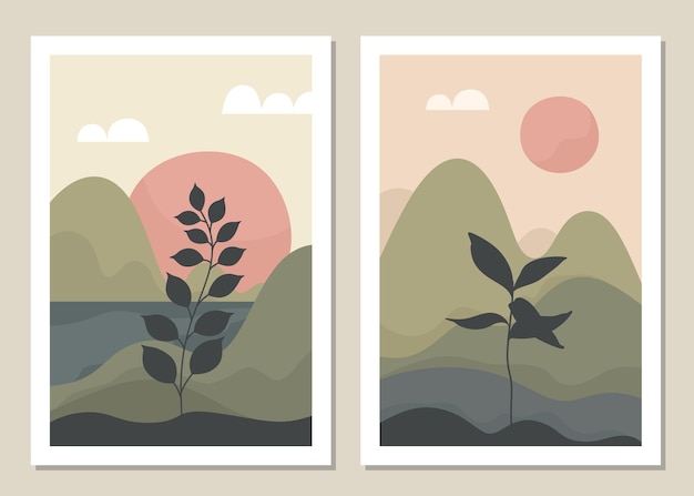 Art landscape wall set. botanical. abstract landscape